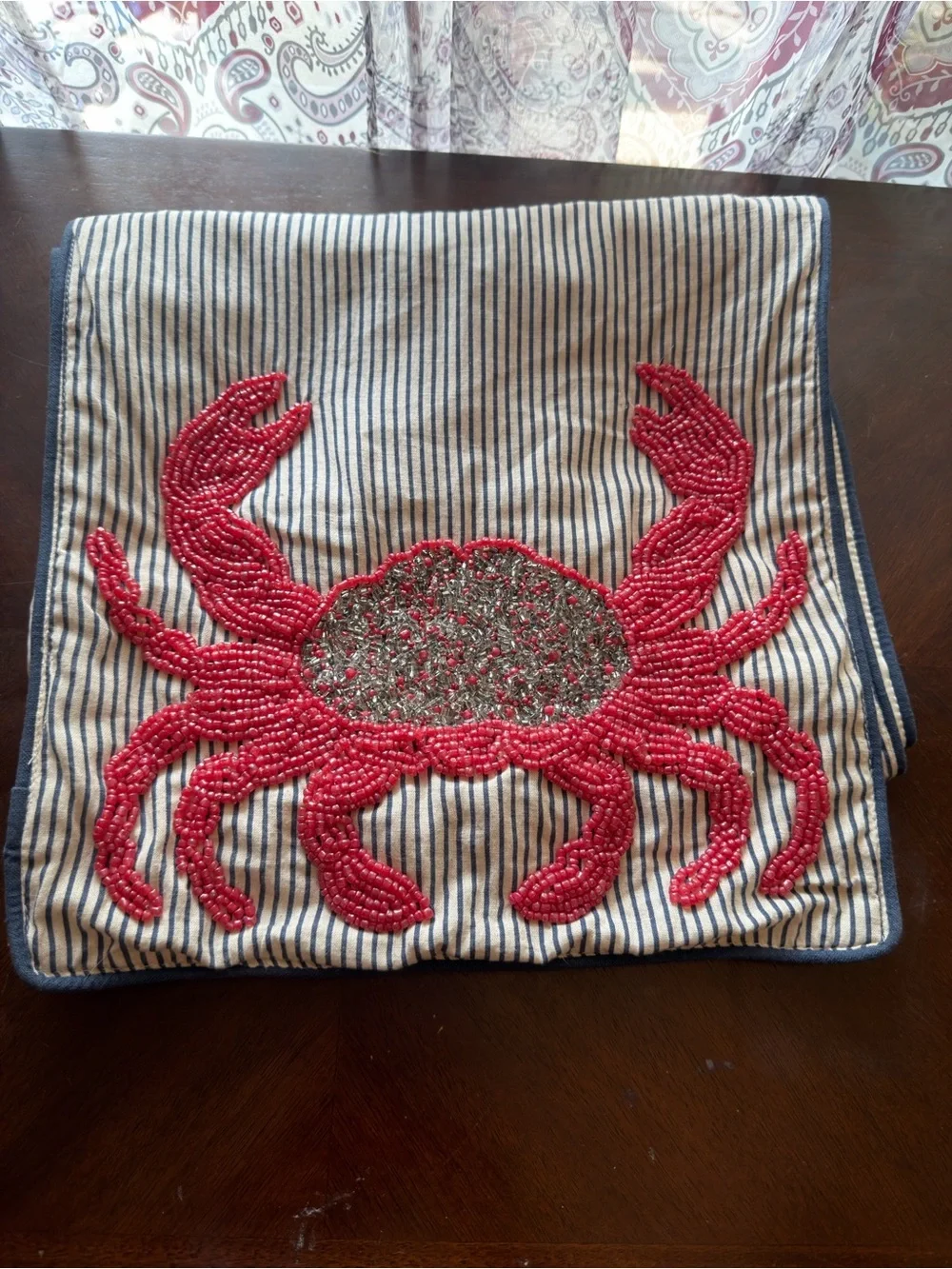 Pier 1 Red Crab Beaded Pillow Covers on Striped Cream Background